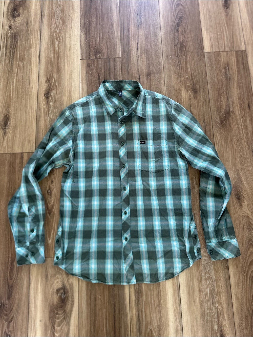 RVCA Men's Green and Teal Plaid Button-Down Shirt size large